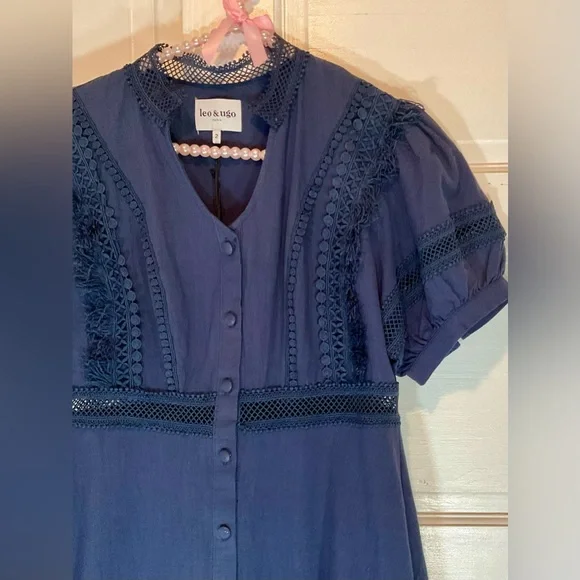 Navy Blue Lace Trim Dress - Picture 8 of 15